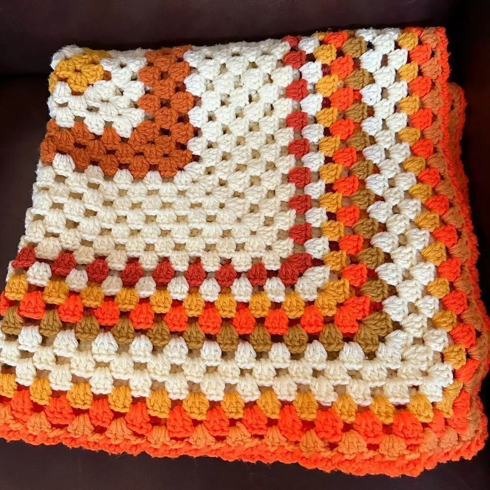 Vintage Crochet Knit Afghan Throw Orange Baby Blanket